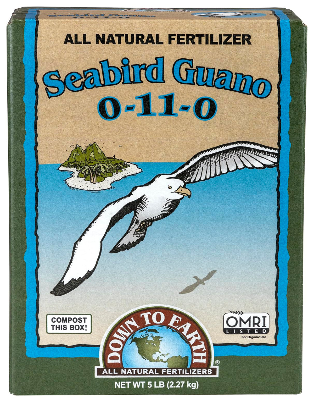 Down To Earth Seabird Guano bag front view promotes organic soil nourishment.