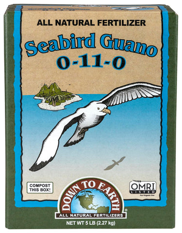 Down To Earth Seabird Guano bag front view promotes organic soil nourishment.