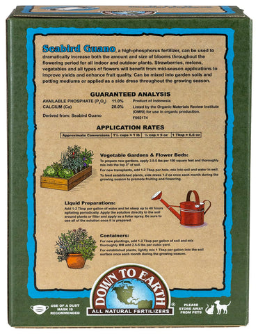 Down To Earth Seabird Guano packaging clearly labeled for OMRI organic use.
