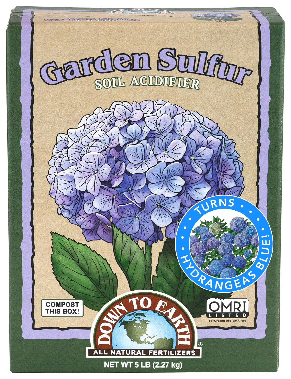 Down To Earth sulfur acidifier bag front for organic soil pH adjustment