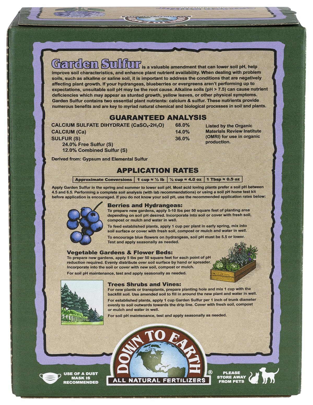 Down To Earth sulfur acidifier bag label close-up highlighting OMRI listing