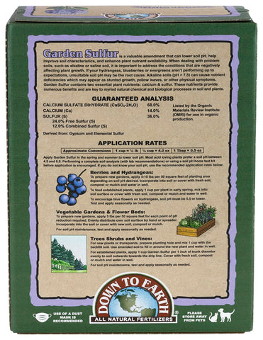 Down To Earth sulfur acidifier bag label close-up highlighting OMRI listing
