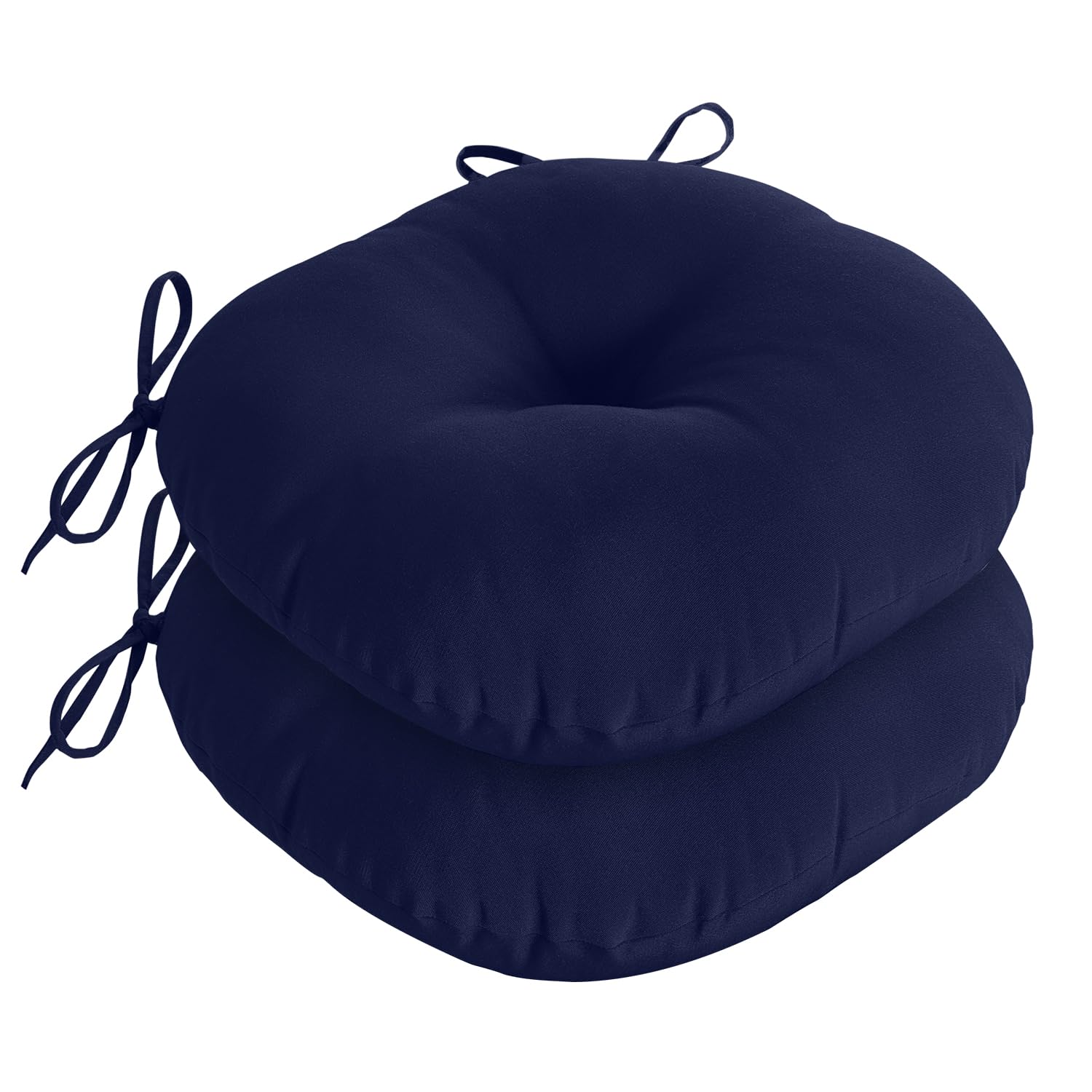 Downluxe Bistro navy round outdoor chair cushion with non-slip ties for secure patio seating.