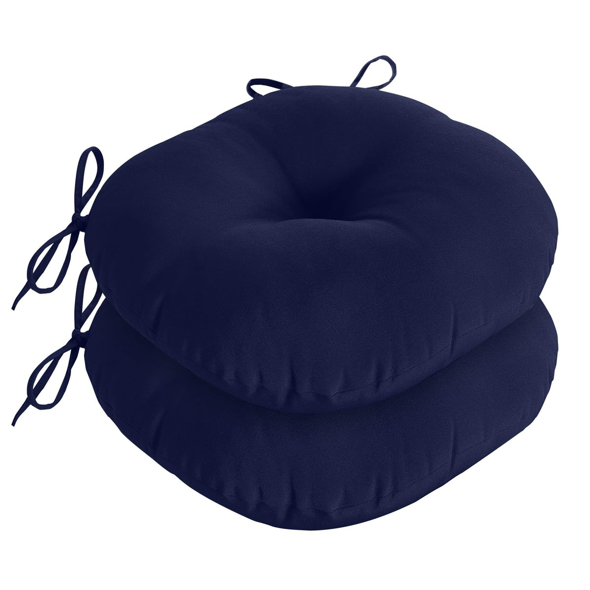 Downluxe Bistro navy round outdoor chair cushion with non-slip ties for secure patio seating.