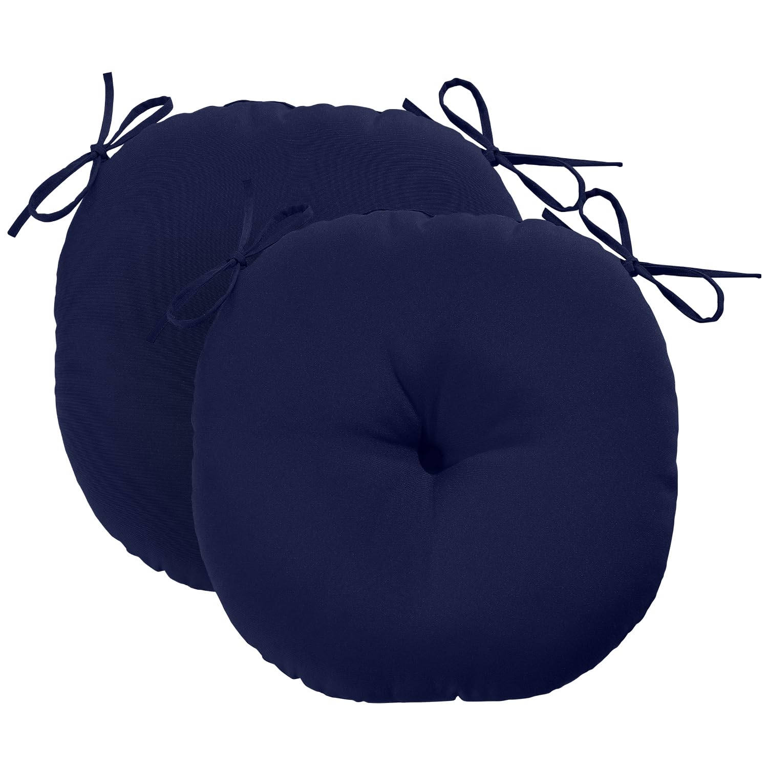 Downluxe Bistro navy round cushion on a chair showing center stitching for even fill.