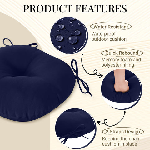 Downluxe Bistro navy round chair cushion set on outdoor furniture for patio comfort.