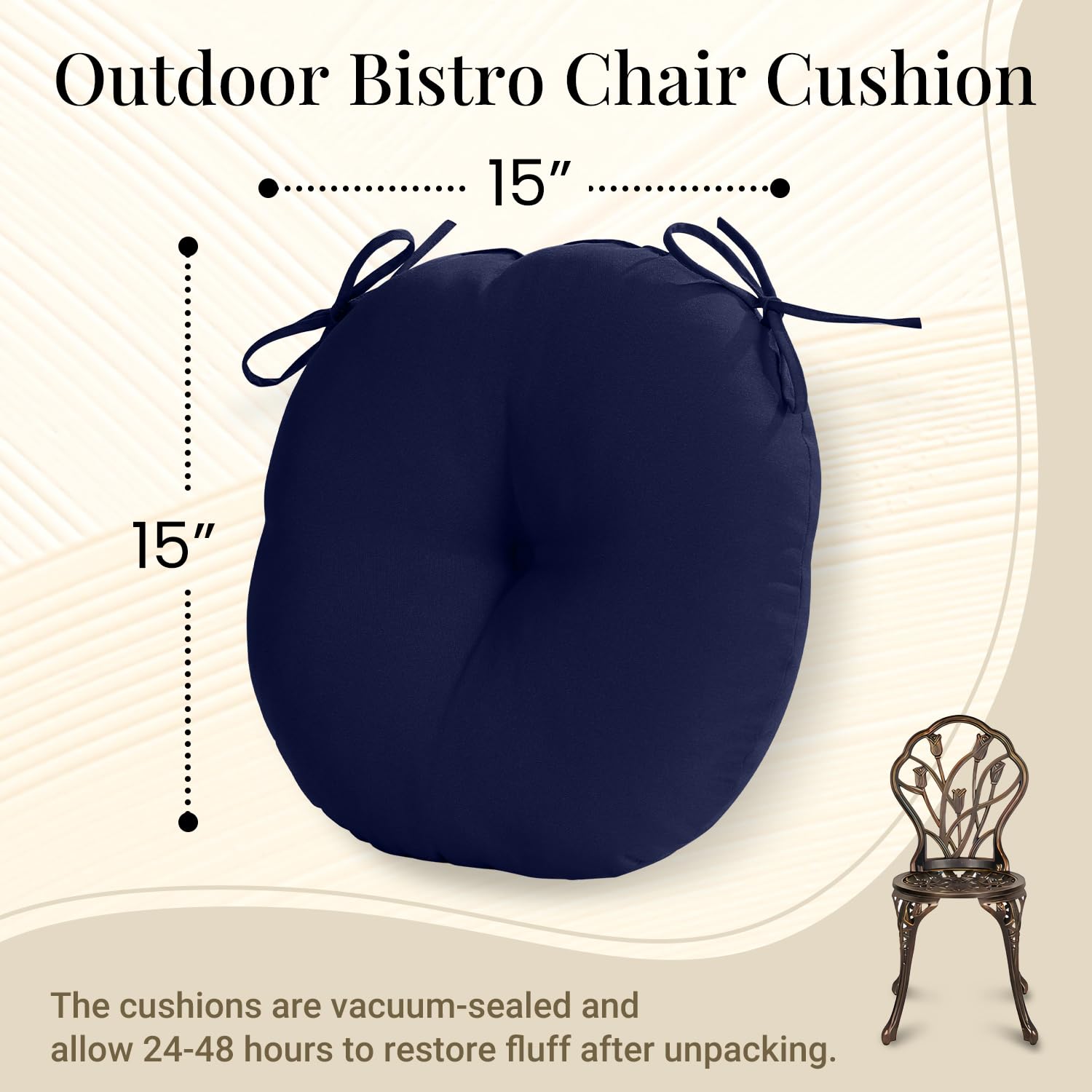 Downluxe Bistro navy round cushion showing 15x15 size for standard patio chairs.