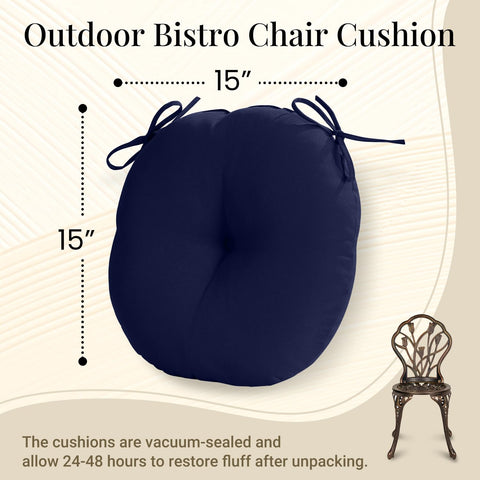 Downluxe Bistro navy round cushion showing 15x15 size for standard patio chairs.