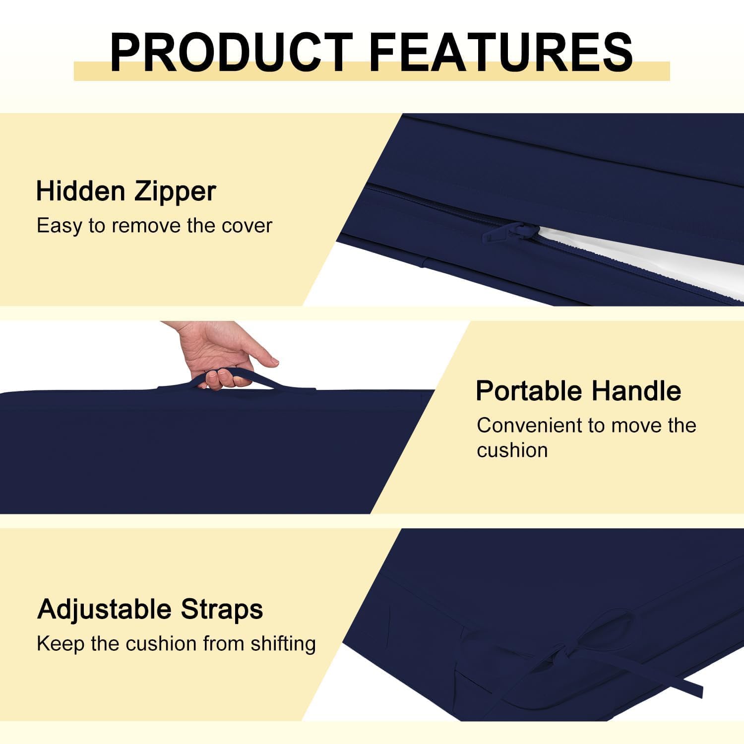 Carrying handle on Downluxe cushion for convenient repositioning outdoors