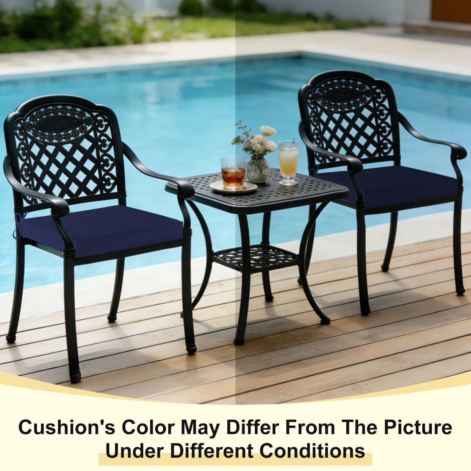 Downluxe navy cushions ideal for outdoor patios and garden seating.