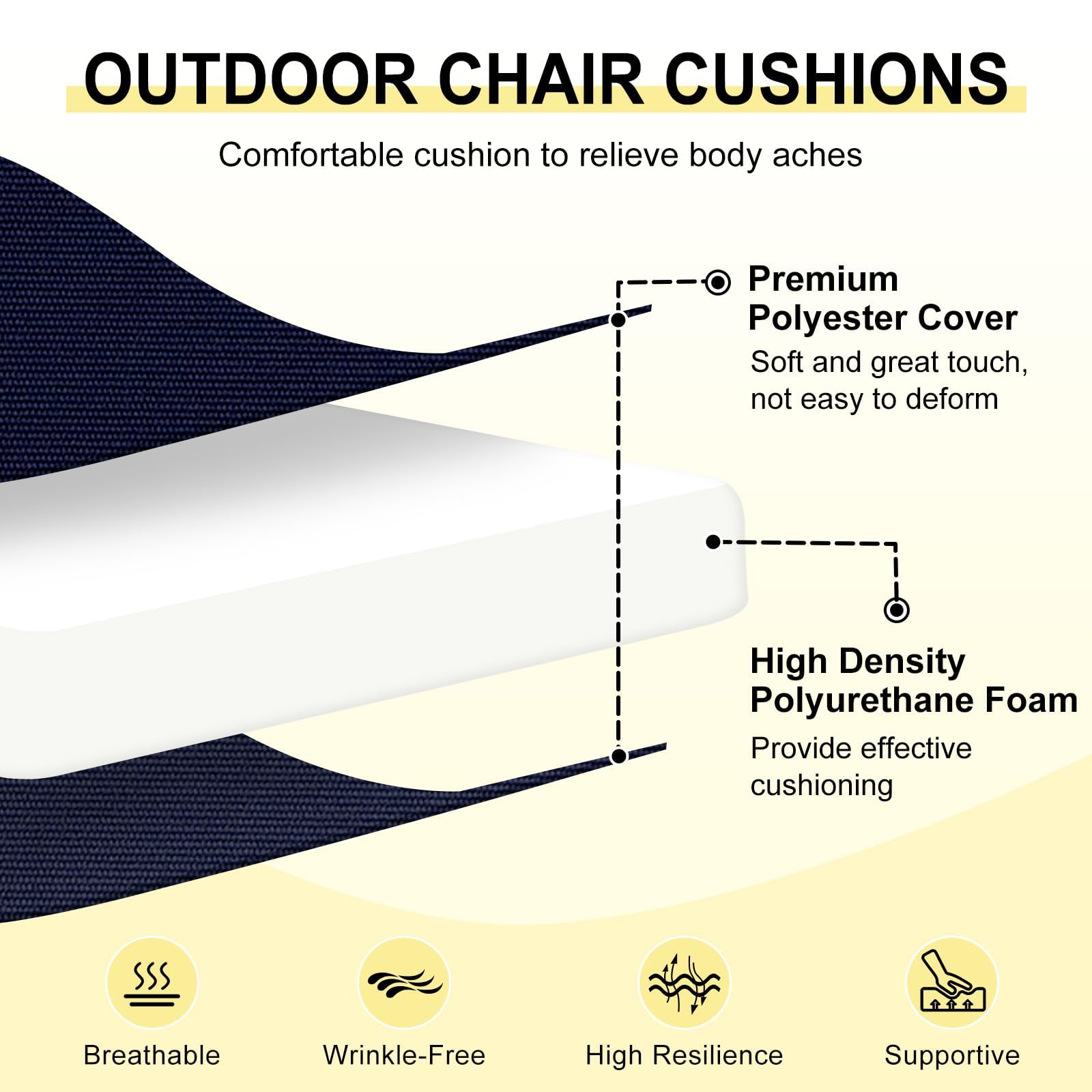 Downluxe cushion with side straps securing to outdoor chairs.