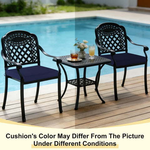 Downluxe cushions arranged on a patio chair demonstrating full four-cushion setup