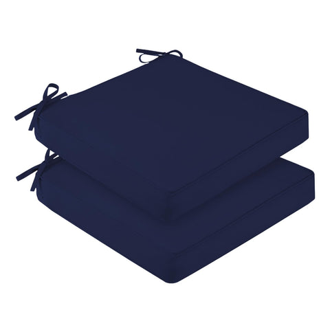 Downluxe square outdoor chair cushion in navy, weather-resistant for patio comfort.