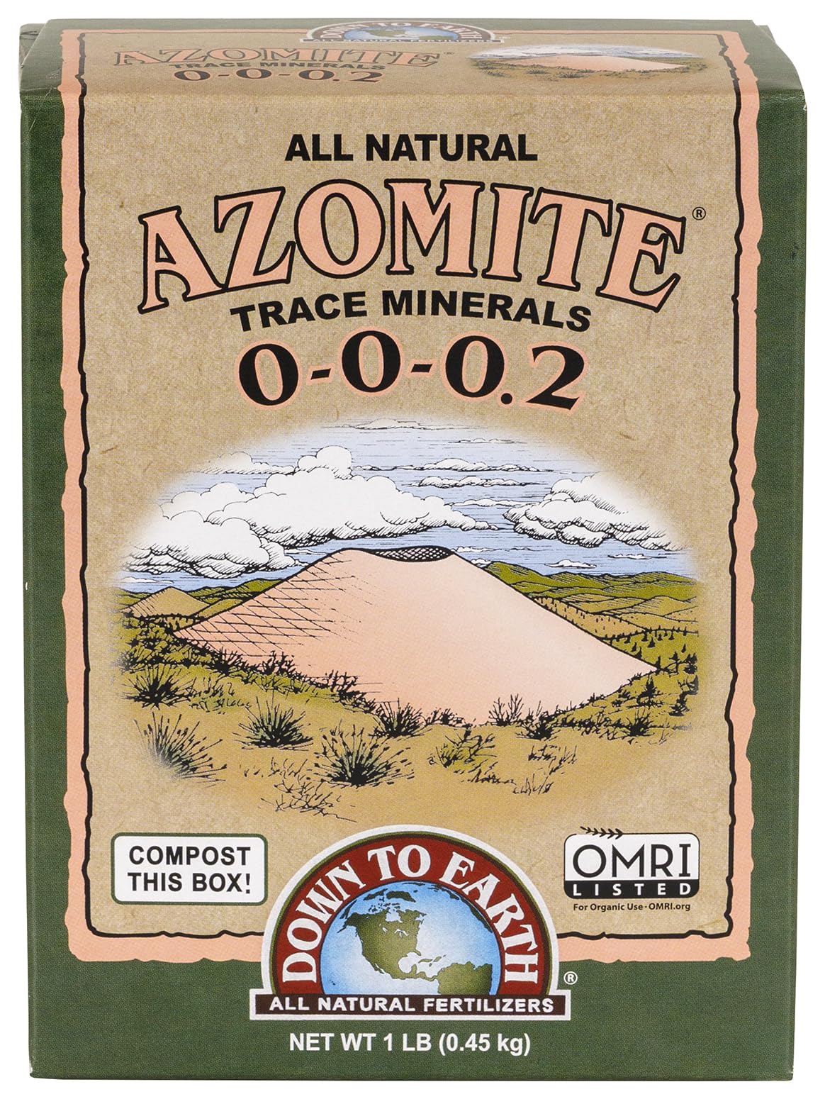Down To Earth Azomite powder packaging in a compact 1 lb box for small gardens.