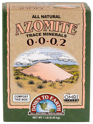 Down To Earth Azomite powder packaging in a compact 1 lb box for small gardens.