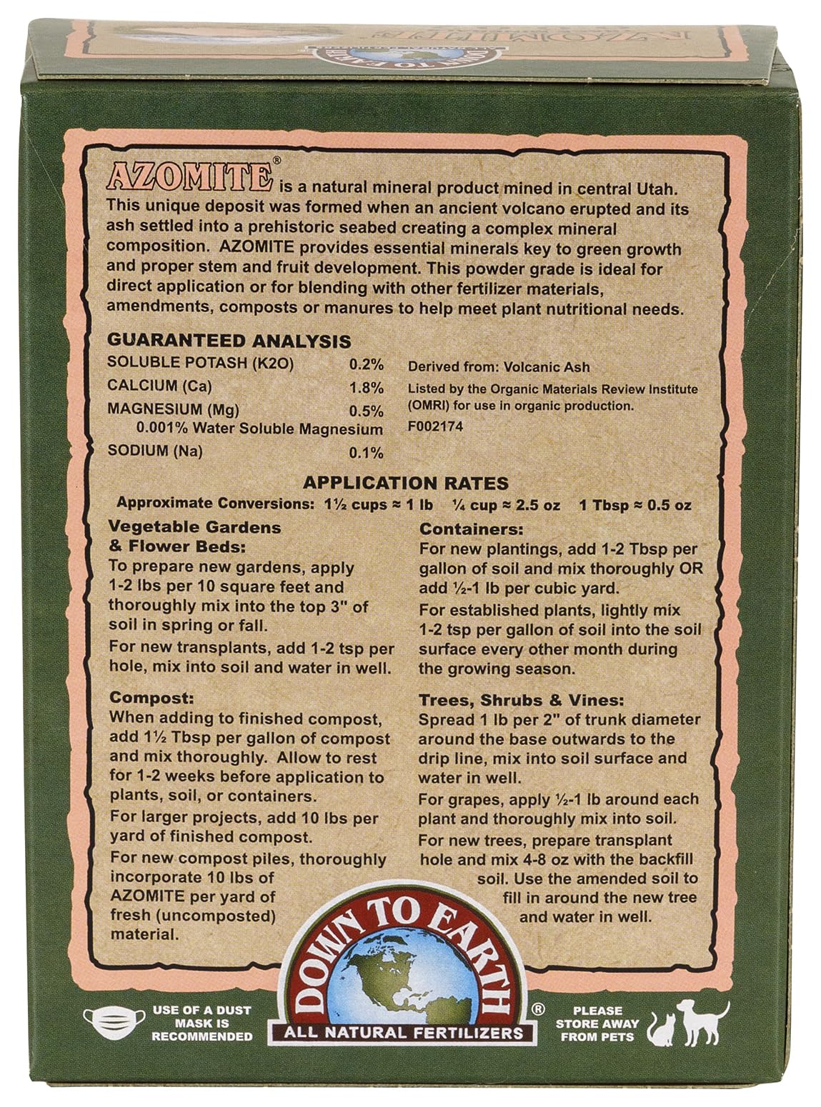 Down To Earth Azomite ultra-fine powder; easy to mix into soil and compost.