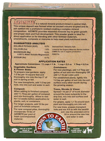 Down To Earth Azomite ultra-fine powder; easy to mix into soil and compost.