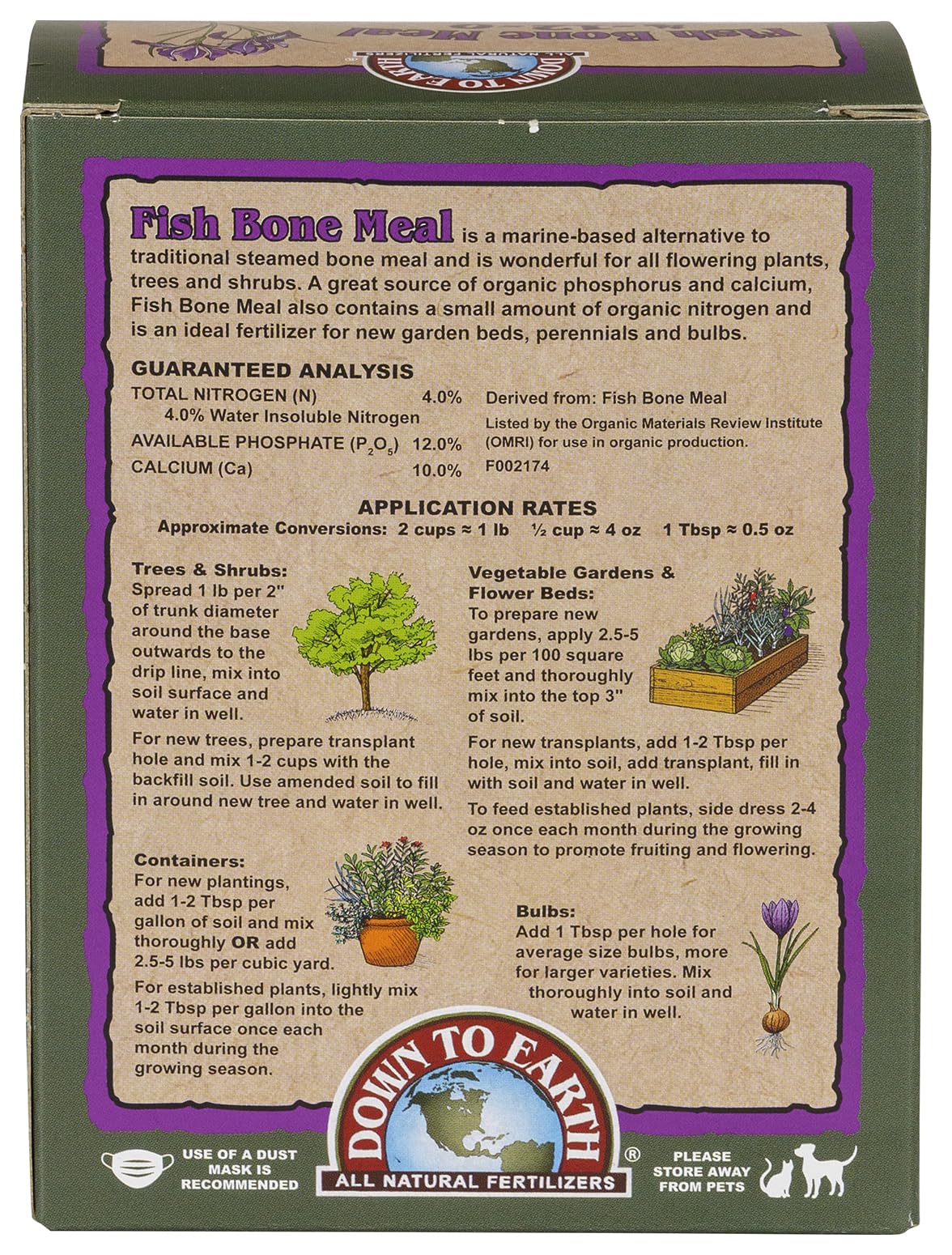 Down To Earth fish bone meal label closeup highlights organic, slow-release nutrients for roots