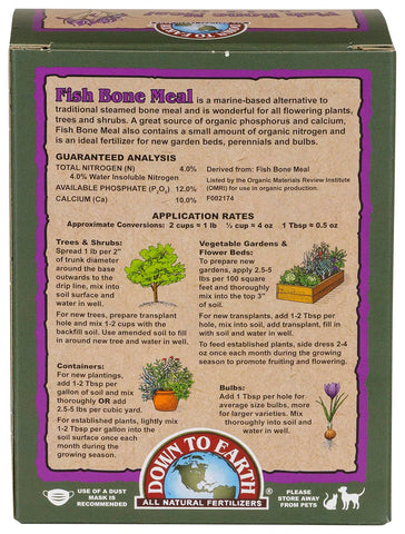 Down To Earth fish bone meal label closeup highlights organic, slow-release nutrients for roots