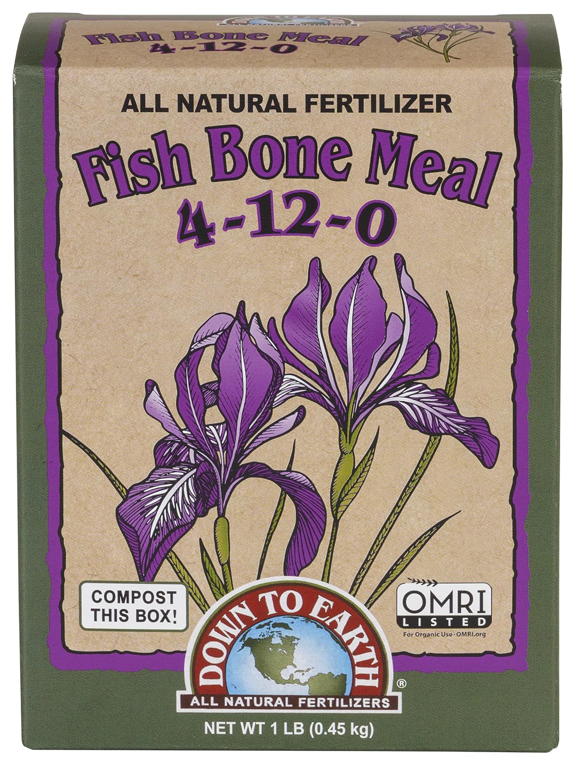 Down To Earth fish bone meal packaging front promotes bloom readiness with steady phosphorus