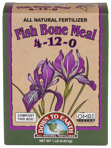 Down To Earth fish bone meal packaging front promotes bloom readiness with steady phosphorus