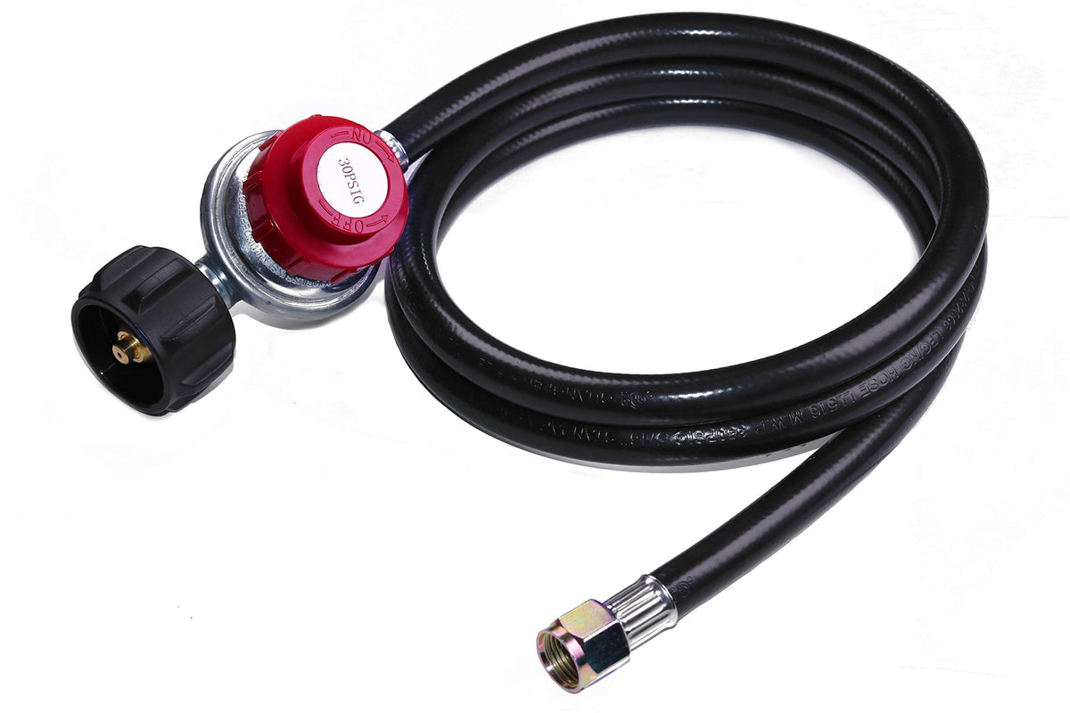 DOZYANT 0-30 PSI regulator with 4ft hose for BBQ and turkey fryer setups.