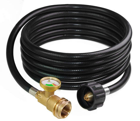 DOZYANT 12ft propane hose with gauge attached to outdoor grill for easy monitoring.