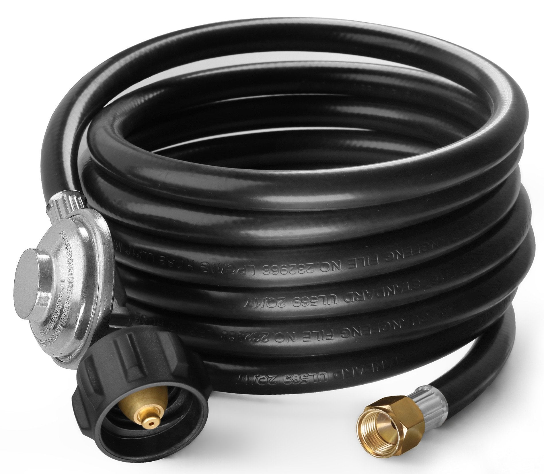 DOZYANT 12 ft propane regulator hose ready for outdoor grilling and heating setups.