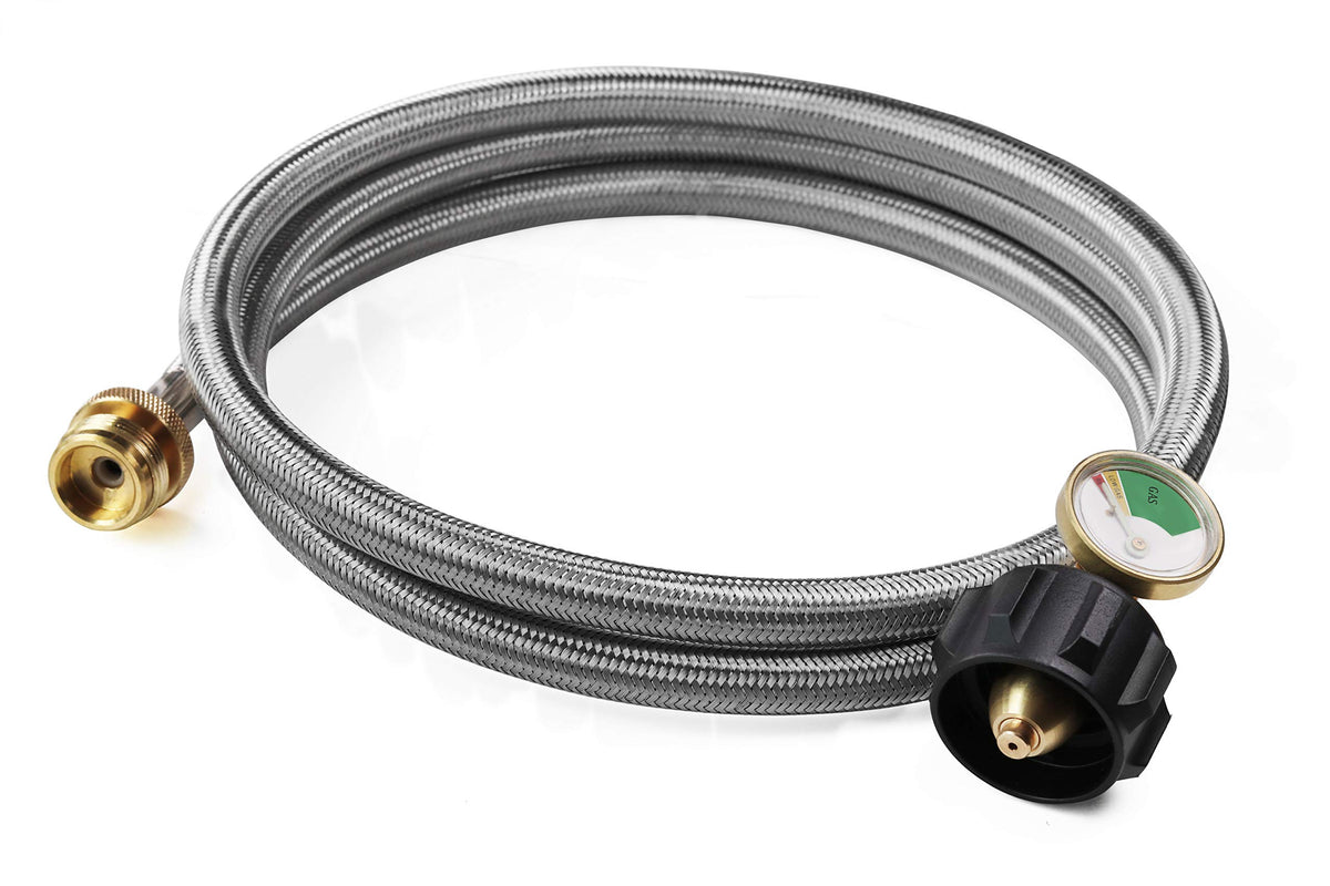 DOZYANT 6 ft stainless braided hose adapter connects a 1 lb appliance to a larger tank.