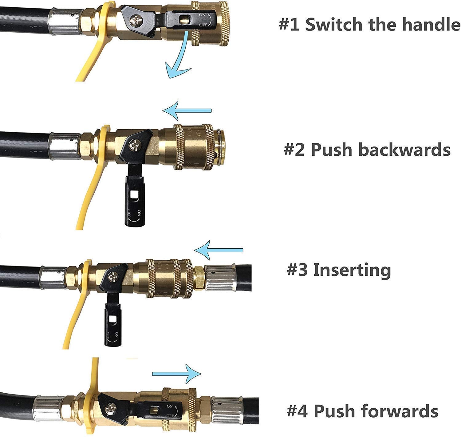 DOZYANT female to male quick disconnects shown for easy RV hookup.
