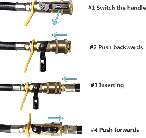 DOZYANT female to male quick disconnects shown for easy RV hookup.