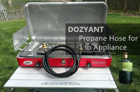 DOZYANT hose shown with grills, heaters and camp stoves for outdoor use.