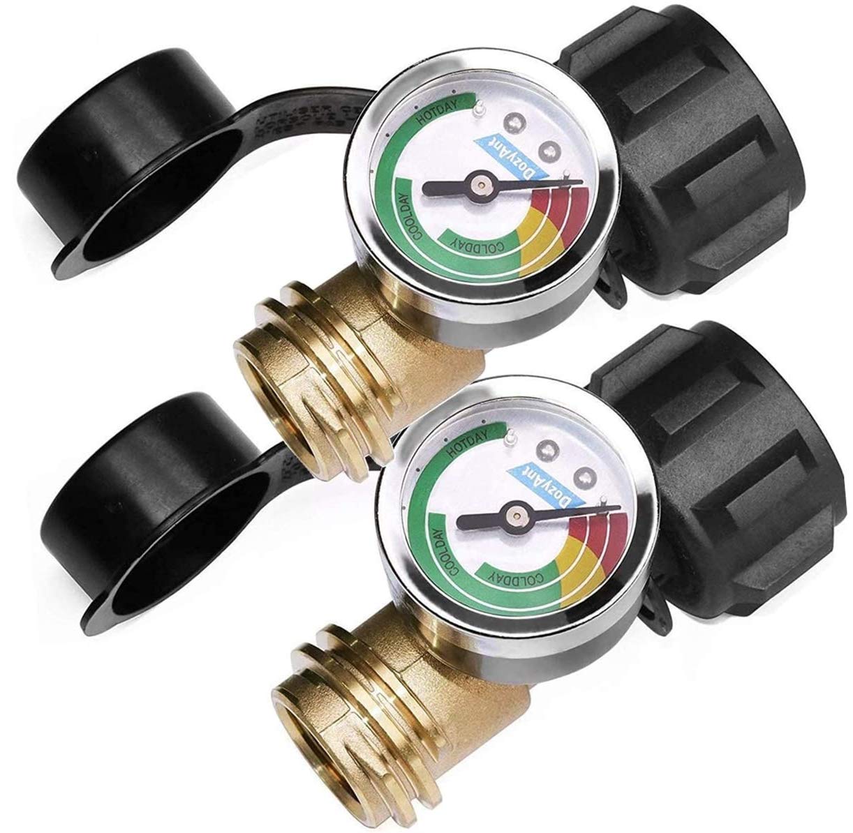 DOZYANT propane gauge mounted on tank showing ready-to-grill status