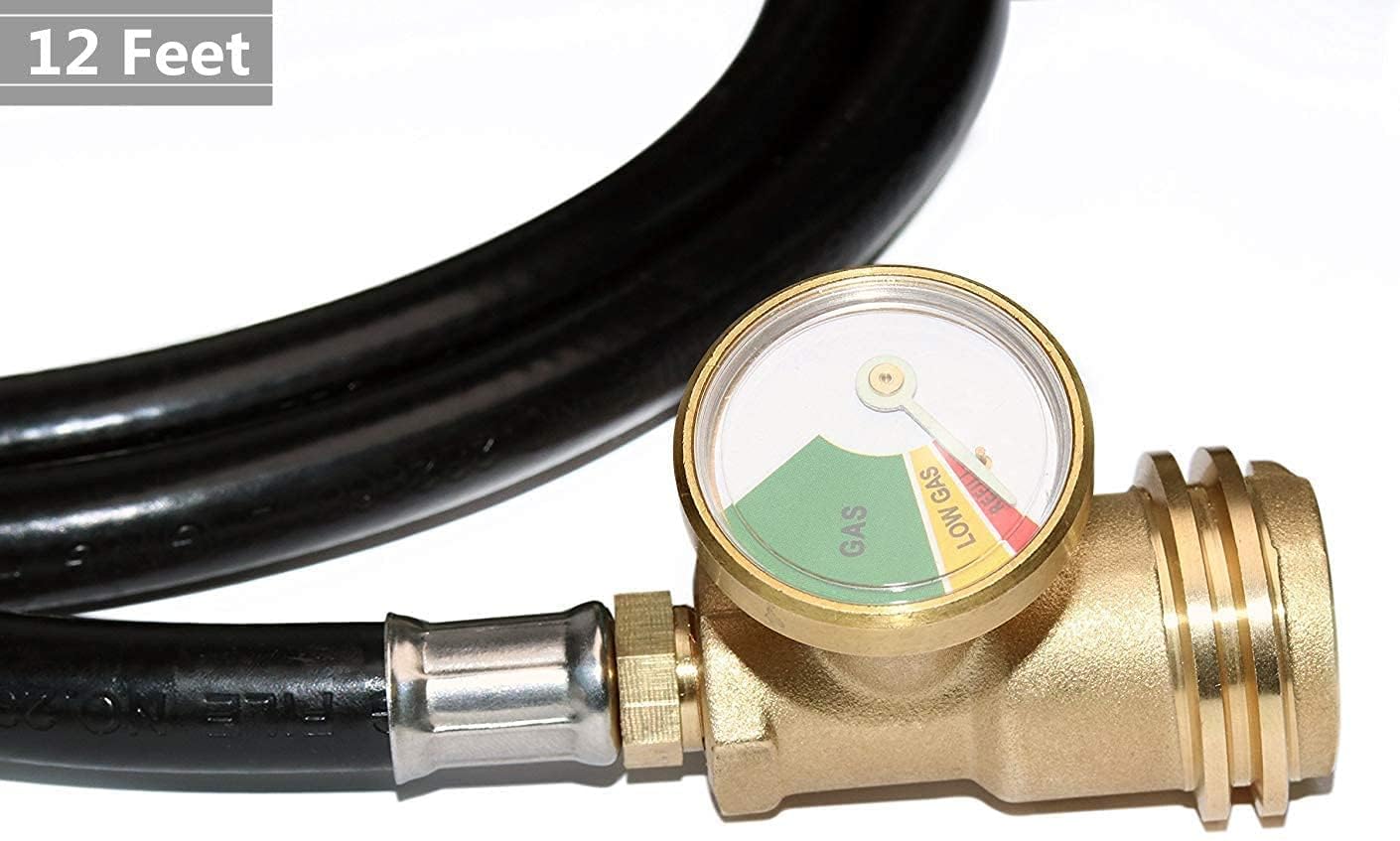 Dozyant propane hose gauge readout indicating fuel level.