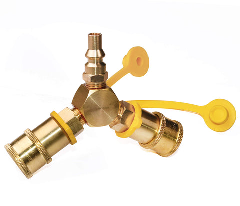 DOZYANT quick-connect Y-splitter closeup highlighting easy RV propane splitting for two devices.