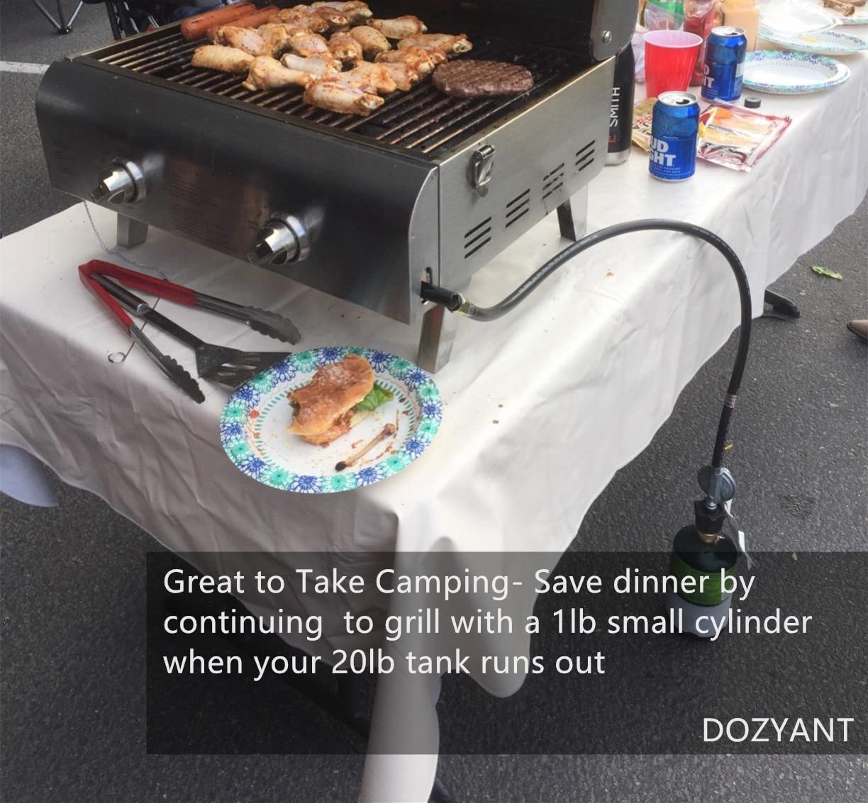 Backyard grilling with DOZYANT Steak Saver for portable propane use