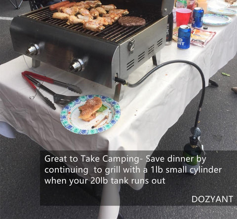 Backyard grilling with DOZYANT Steak Saver for portable propane use