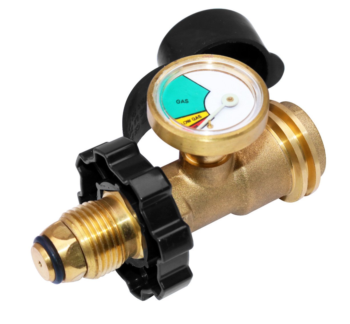 DOZYANT universal POL propane adapter with gauge for quick, tool-free connections on many tanks.