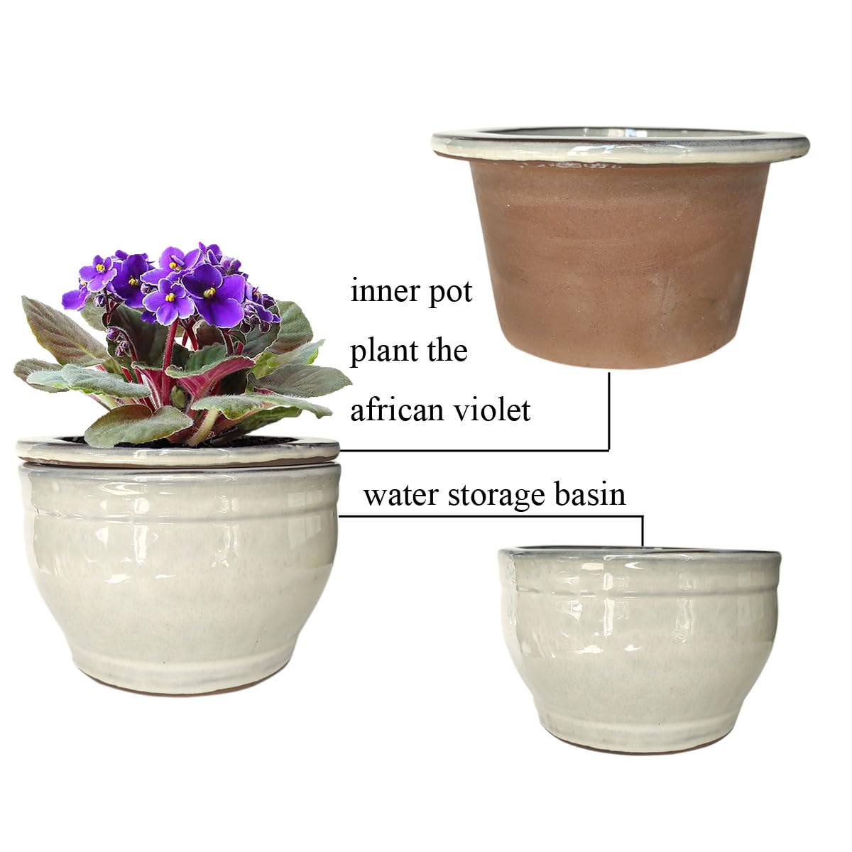 Dphagesy outer water-storage pot in white ceramic for violet care