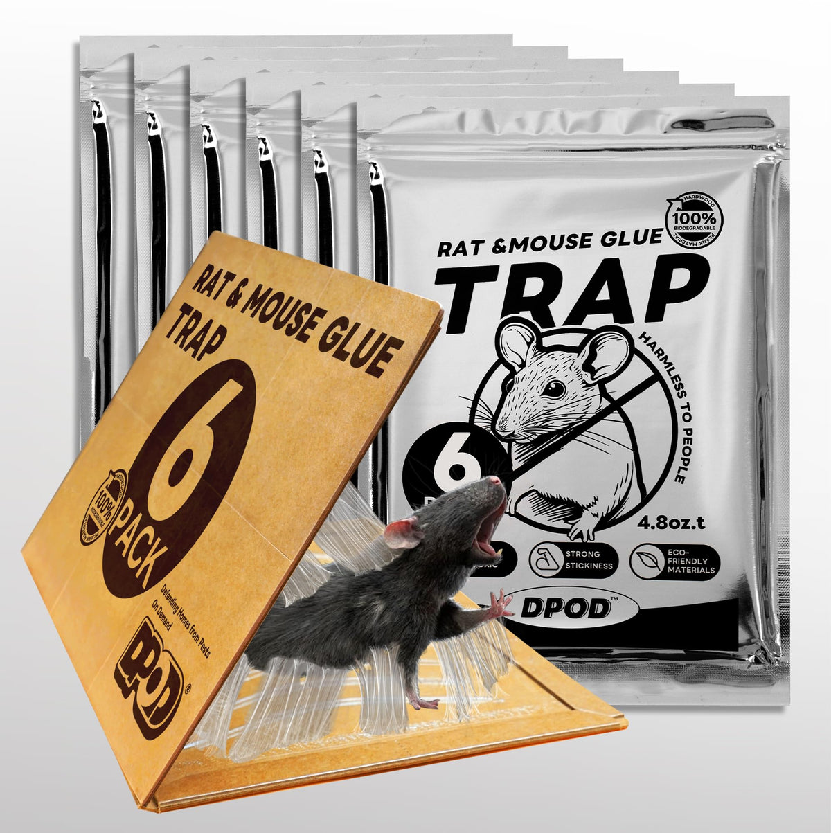 DPOD glue mouse traps indoor pack6 front view with pre-baited traps for quick, non-toxic pest capture.