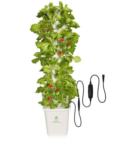 DPROOTS hydroponic tower showcases 45 plants in a compact vertical system for indoor gardening.