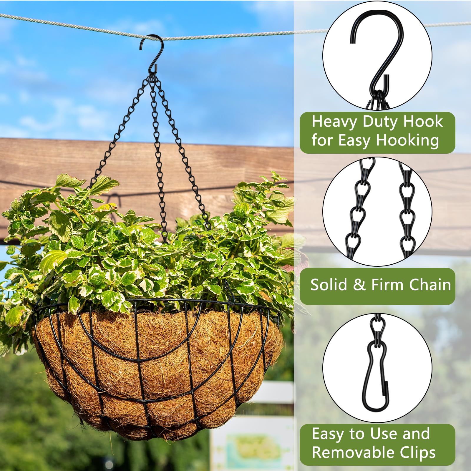 Dpyrrhic 30 lb capacity chain supports sturdy baskets.