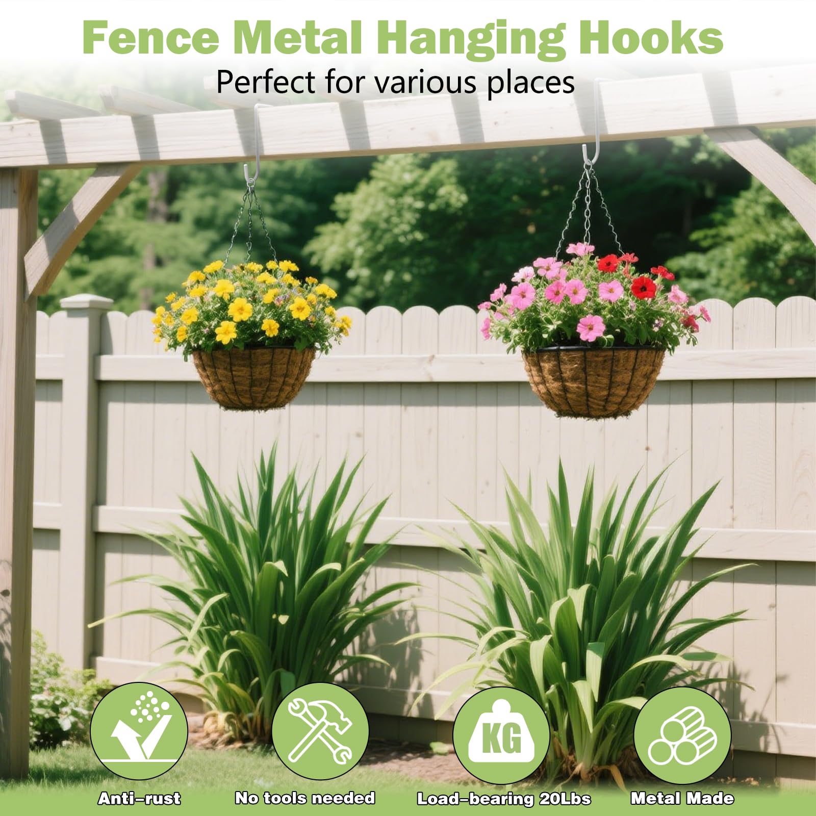 Dpyrrhic vinyl fence hook demonstrates easy no-tools installation for quick decorating.