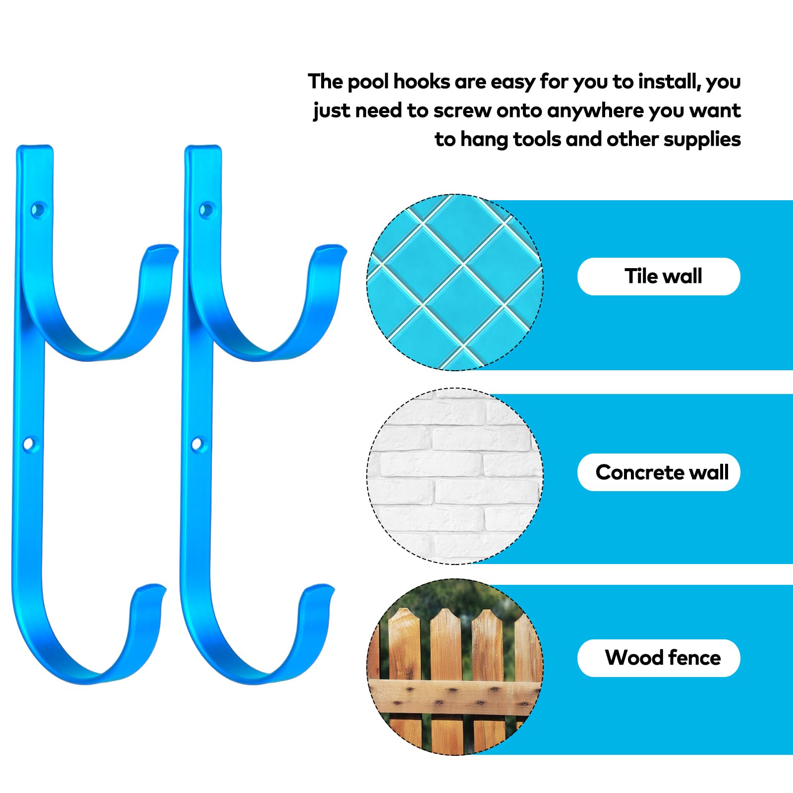 Dpyrrhic Pool Pole Hanger organizing rakes, nets, and hoses.