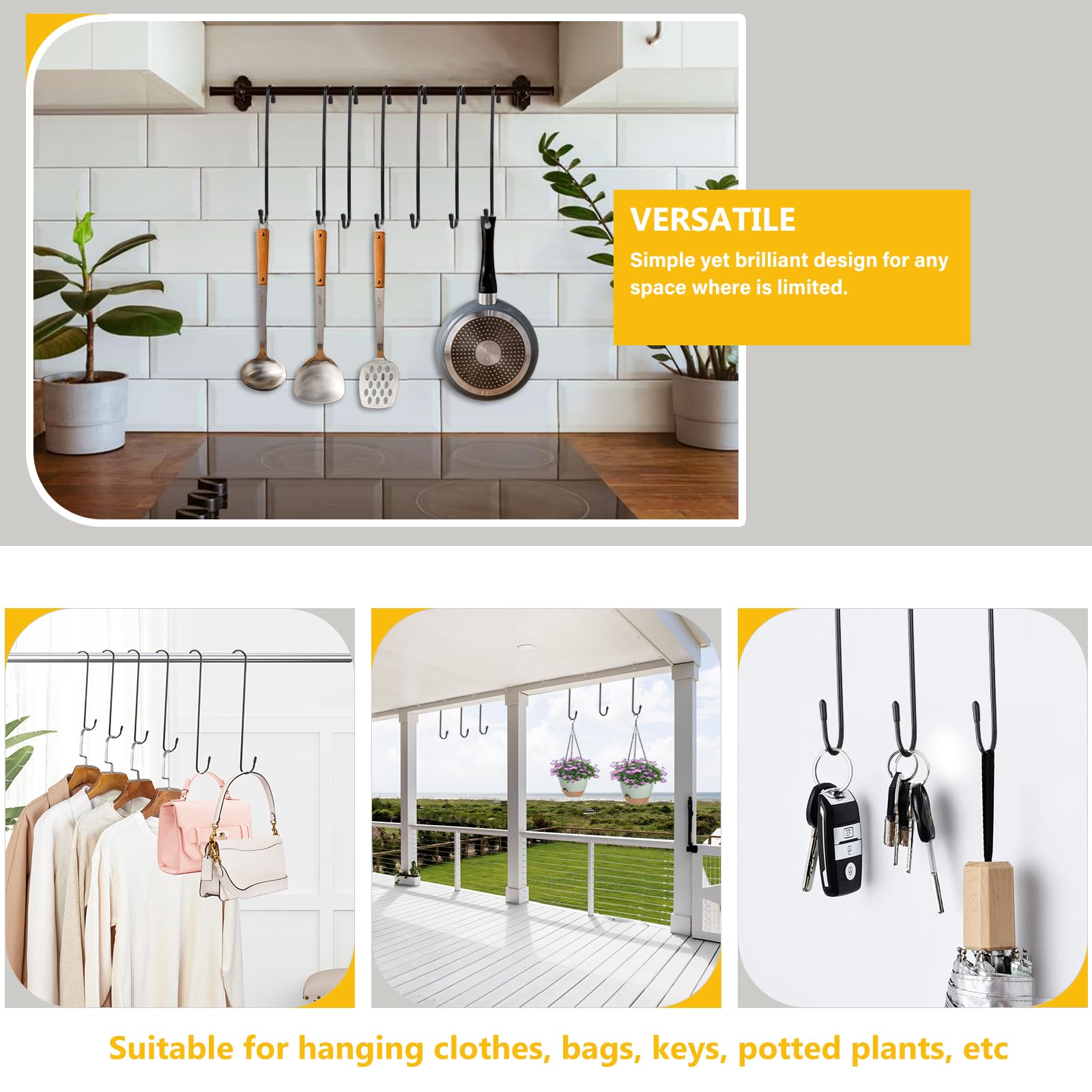 Dpyrrhic S-hooks for pots and pans; space-saving storage in cabinets or on racks.