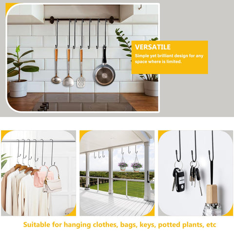 Dpyrrhic S-hooks for pots and pans; space-saving storage in cabinets or on racks.