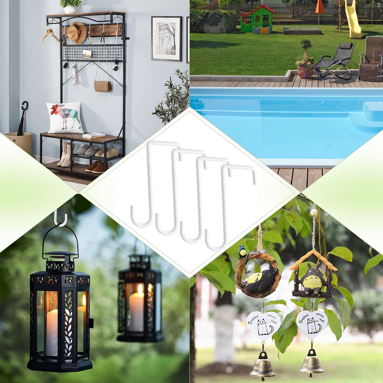 Dpyrrhic fence hooks enable decorative planters and bird feeders without surface damage.
