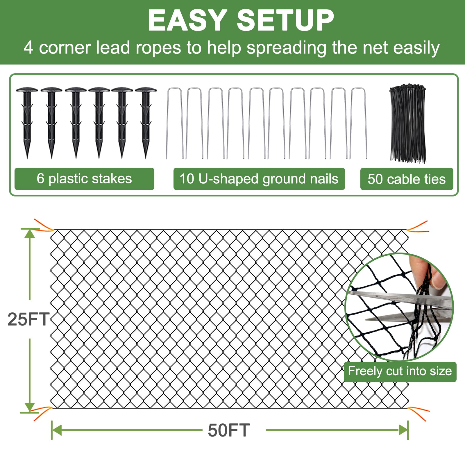 DQS bird net with stakes and ties allows quick, stable installation.