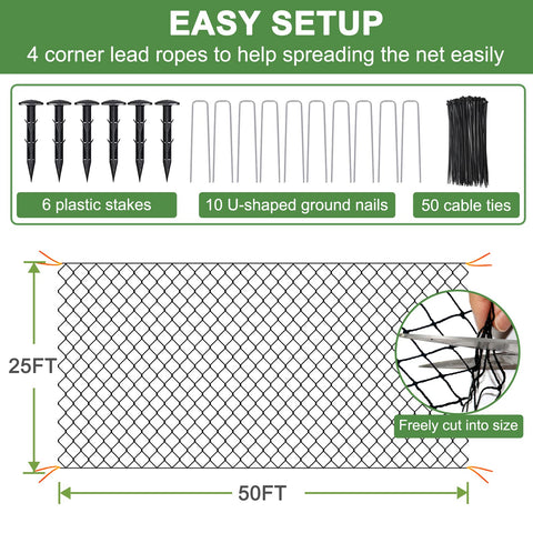 DQS bird net with stakes and ties allows quick, stable installation.
