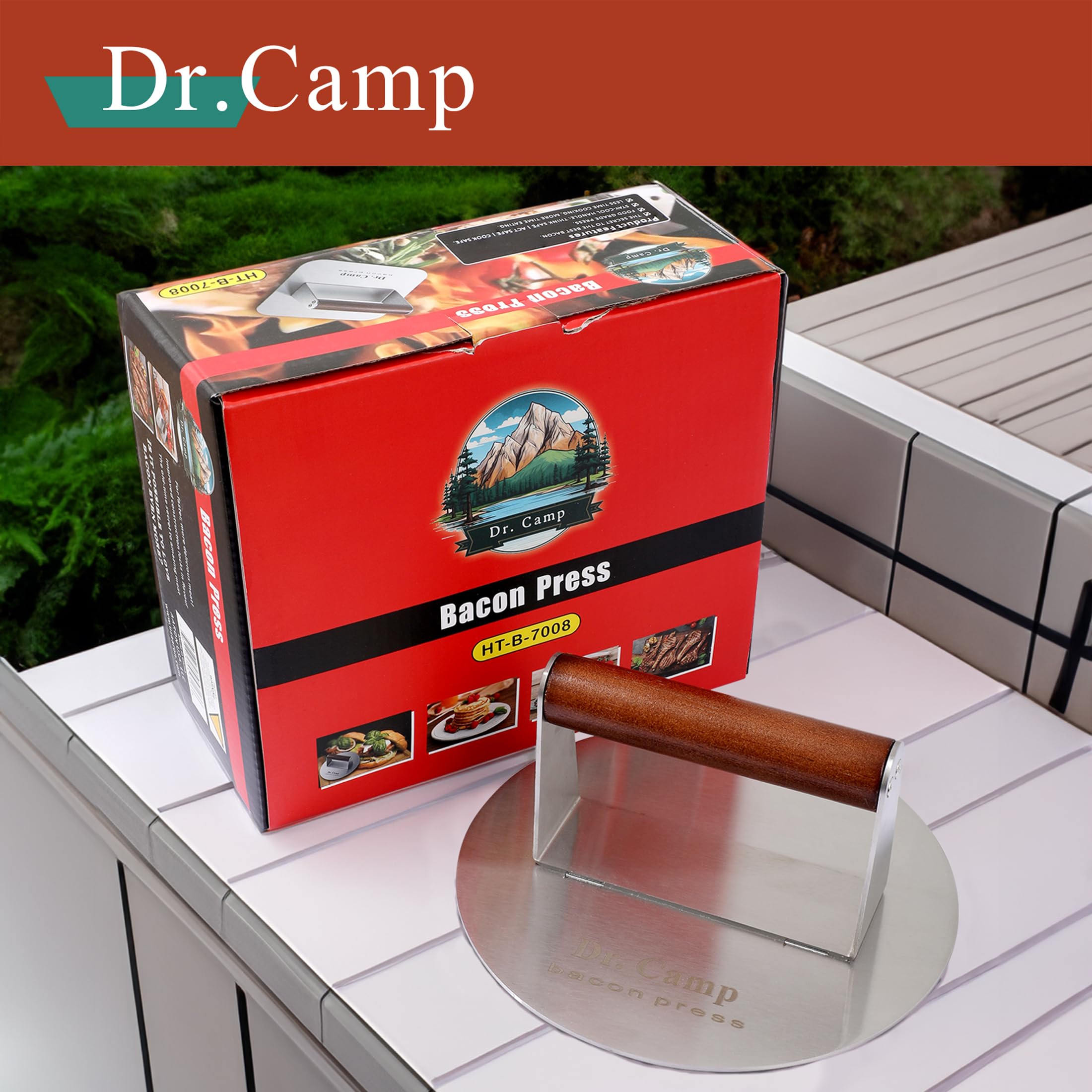 Dr.Camp backyard BBQ setup with burger press ready for quick meals